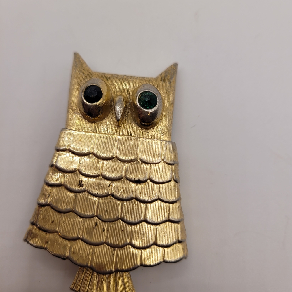 Gold Owl Brooch with Green Eyes